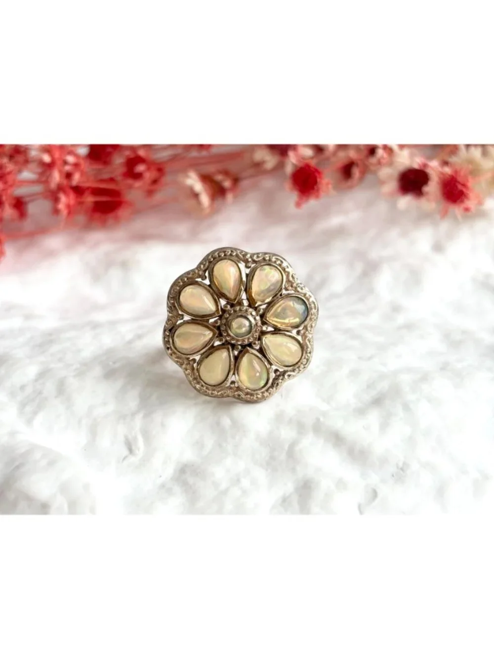 Teardrop Yellow Opal Scalloped Floral Sterling Silver 925 Vintage Ring - sz 8